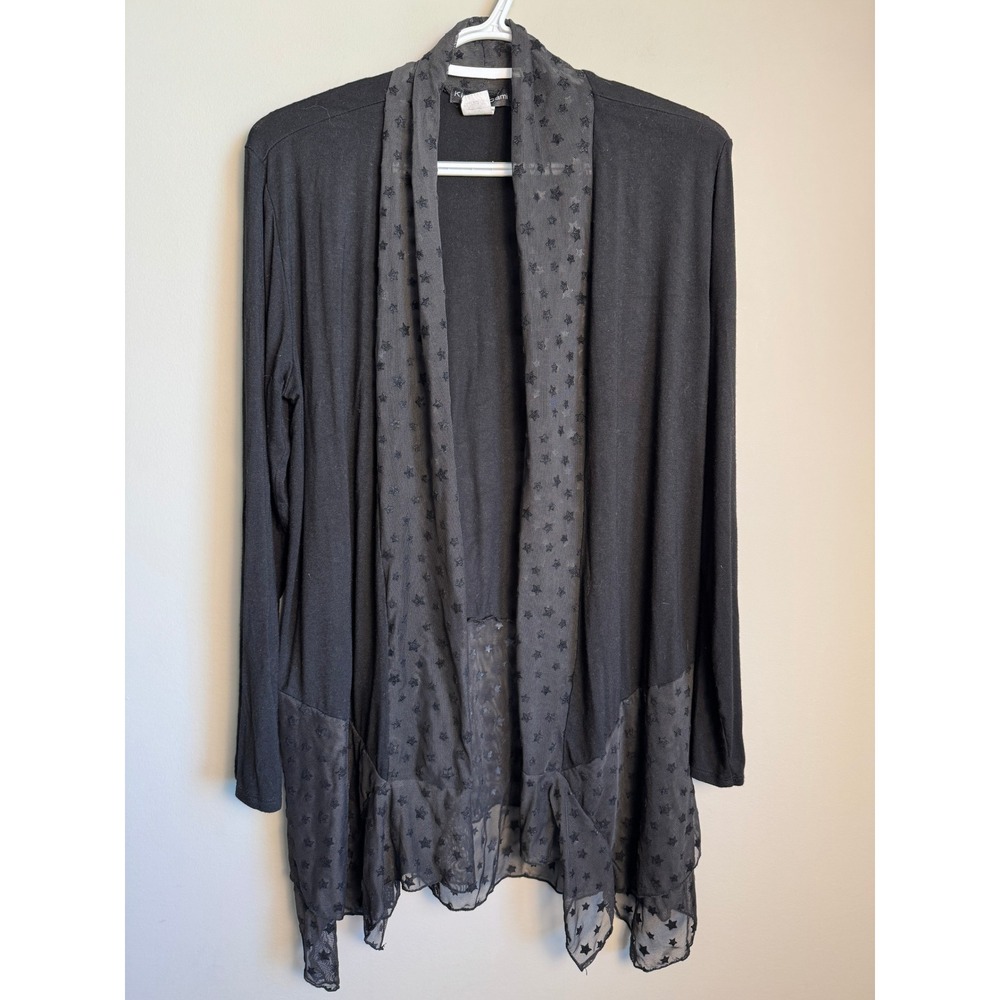 Kim & Cami Womens Black Star Sheer Trim Open Front Cardigan Large Celestial Goth